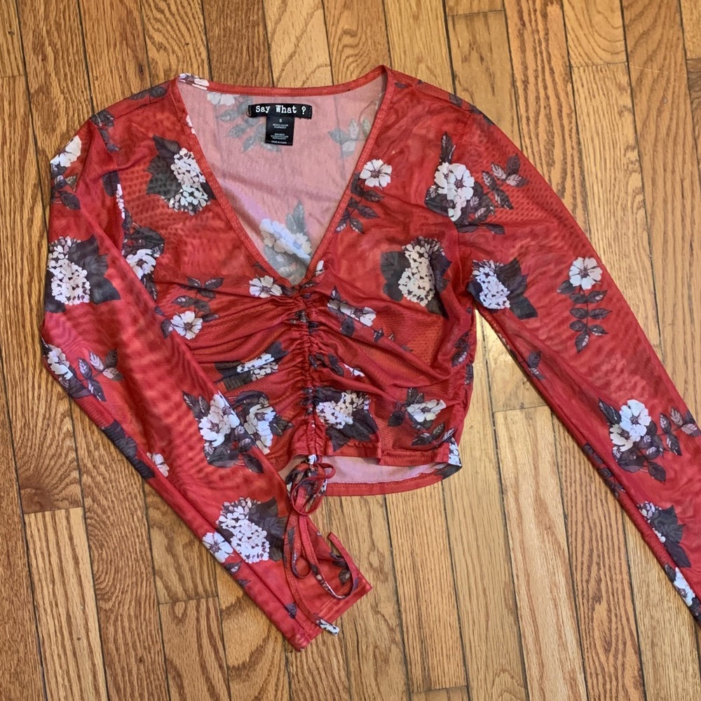 Say What? Red Floral Ruched Blouse